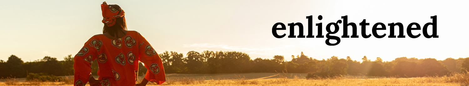 Enlightened web banner - person looking over fields into sunset