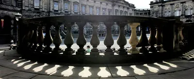 Old College courtyard from behind balcony