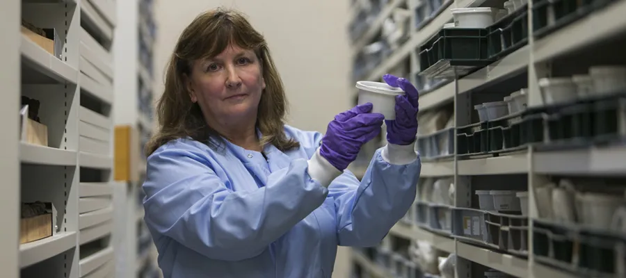 Lorna Dawson in a lab store.