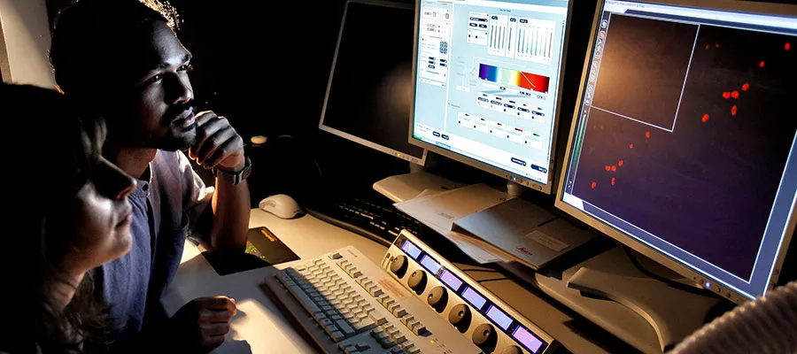 Staff and student analysing data at a computer