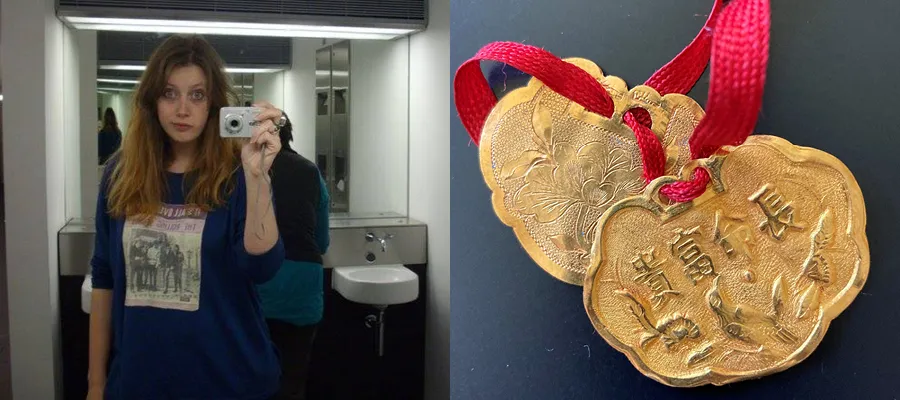 Claire wearing her Rolling Stones t-shirt and Rowlan's gold coins