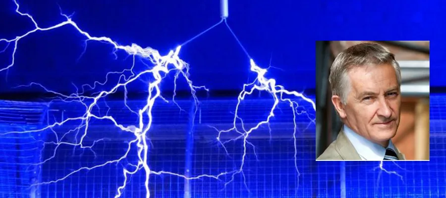 An illustration of a flash and, inset, Dr Jim Hamill