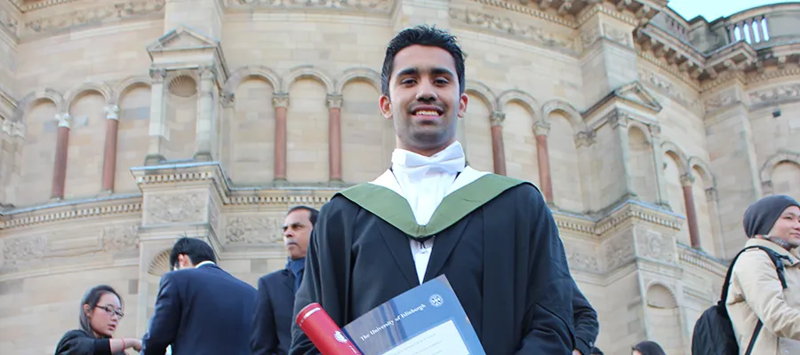 Ovais Yazdani on his graduation day outside McEwan Hall
