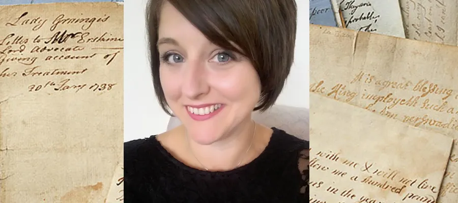 Rachel Hosker portrait against an image of archived manuscripts