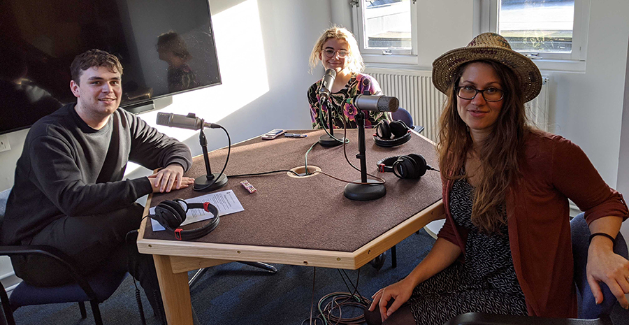 Andrew, Amalie and Jennifer at the recording studio table.