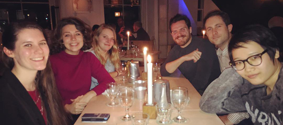 Student Claire and friends enjoy a restaurant dinner to celebrate Thanksgiving.