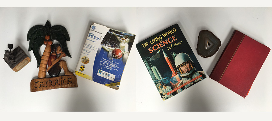 A figure of a man working in a maltings, a carving from Jamaica, telephone directory, 'The Living World of Science in Colour' book, a geode, a book with a red cover.