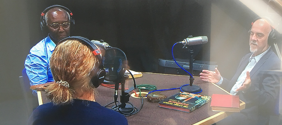 Geoff, host Amalie and David recording the podcast.