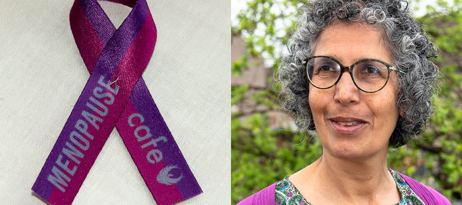 Menopause campaign pink and purple ribbon and photo of Rachel Weiss