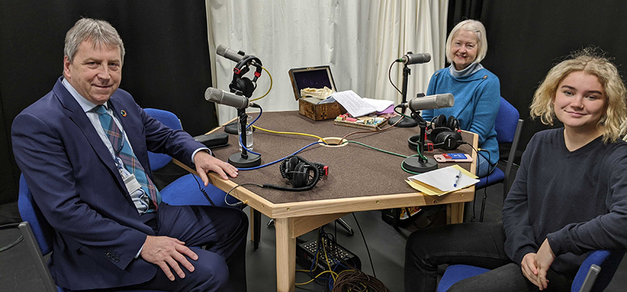 Peter, Christine and Amalie at the recording studio table.