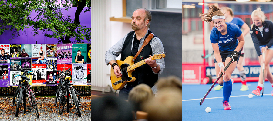 George Square Garden railings with festival flyers, a professor holding a guitar, women hockey players